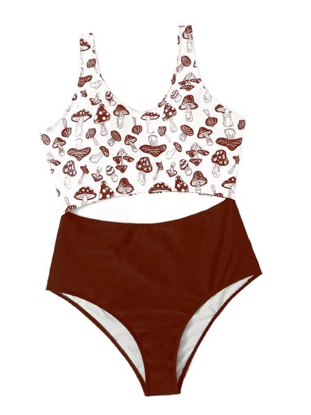 

plus mushroom print cut out one piece swimsuit g7j1#, White;black