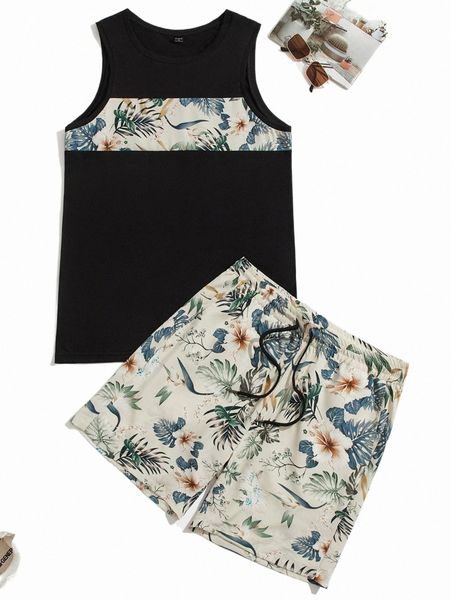 

men tropical print panel tank & shorts r39h#, Gray