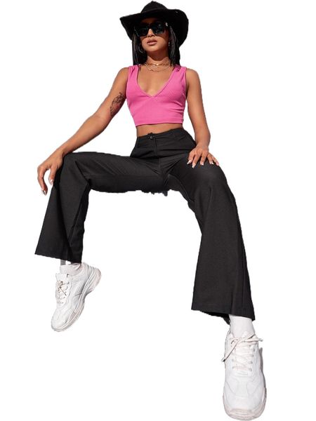 

solid high waist straight leg pants w2dr#, Black;white