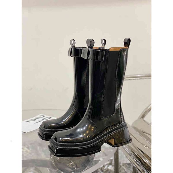 

boots autumn and winter ashigo same bow knot middle tube boots women's thick bottom square head chelsea hollow short single, Black