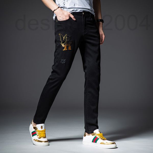 

men's jeans designer autumn new black embroidered jeans men's fashion slim straight personalized casual pants 8vod, Blue