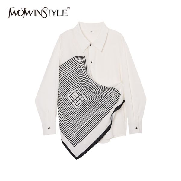 

irreguar print shirt for women lapel long sleeve casual loose chiffon blouse female fashion clothing 210423, White