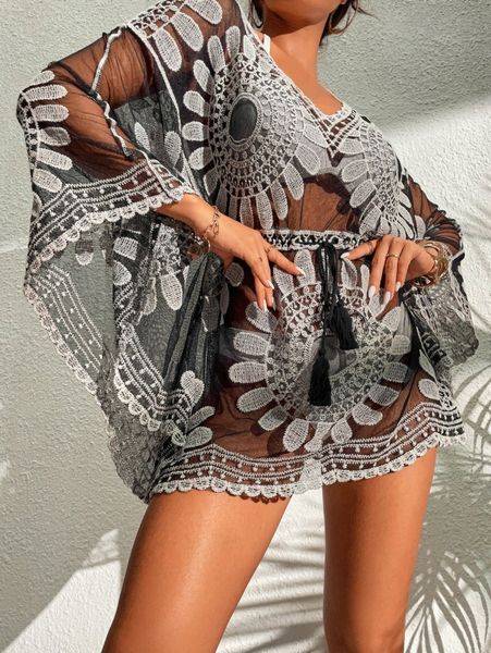 

tassel tie front sheer cover up q9eg#, White;black