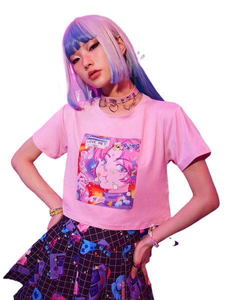 

romwe anime figure graphic crop tee y9fj#, White