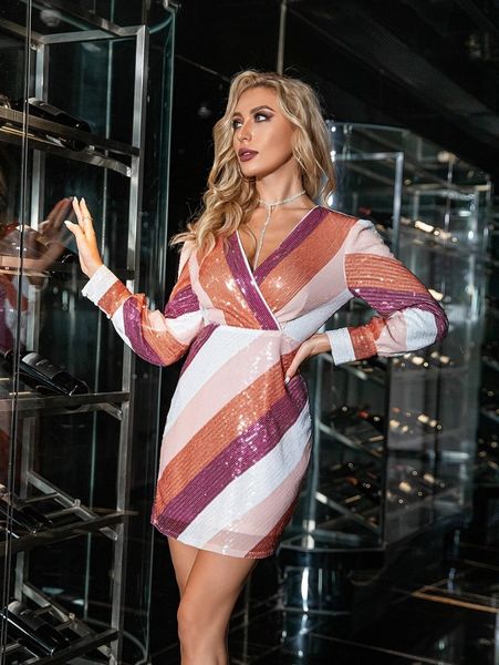 

d& color block overlap collar cut out back sequin fitted dress 5592#, Black;gray