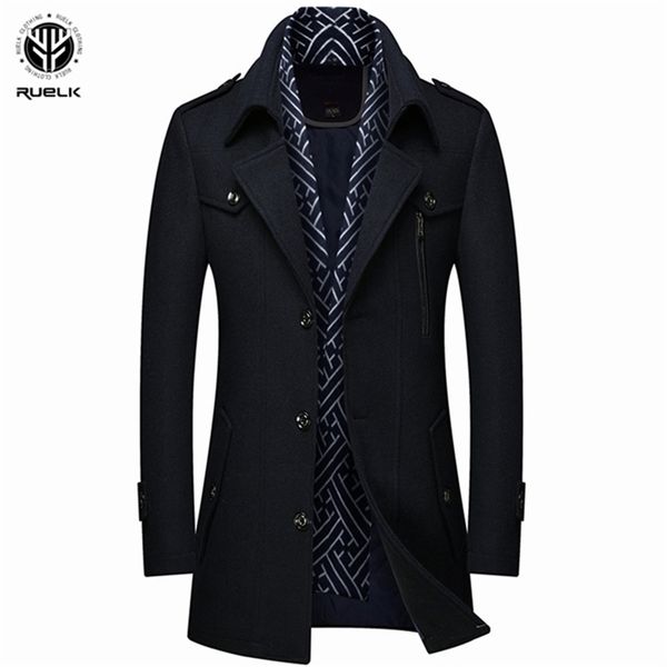 

ruelk 2020 new autumn and winter thick men s woolen windbreaker trench coat scarf collar mid length jacket lj201110, Black