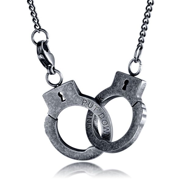 

vintage handcuff necklace for men stainless steel cool black silver plated handcuffs pendant chain 24 inch engraved