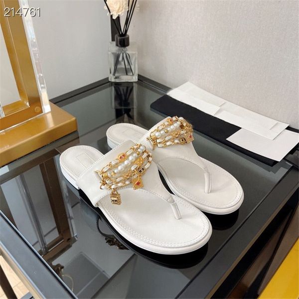 

women spring/summer fashion flip-flops jewelry pendant pearl chain style sheepskin low heel sandals, Black