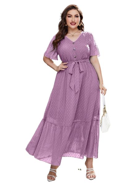 

plus swiss dot belted ruffle hem dress v5p1#, Black