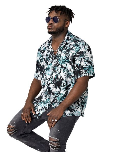

extended sizes men tropical print shirt y6ma#, White;black