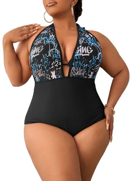 

plus letter graphic tie backless halter one piece swimsuit 23kl#, White;black