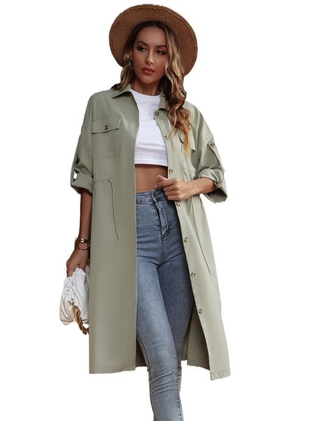 

rolled sleeve drawstring waist coat w9wx#, Black