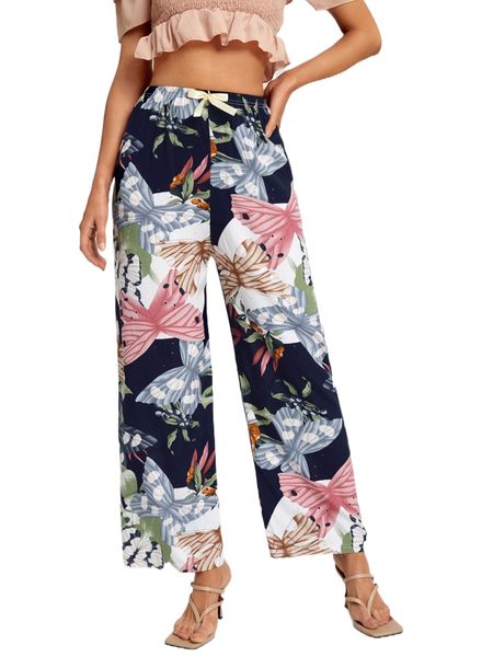 

butterfly print tie front pants i6hg#, Black;white