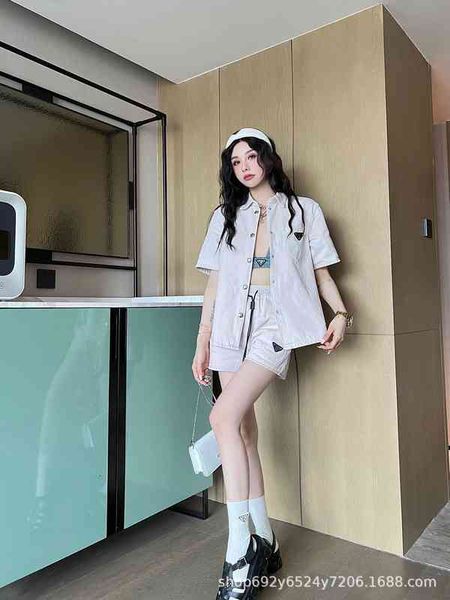 

women's tracksuits p home spring and summer light pink denim short sleeved shirt + elastic waist shorts hole washing craft leisure suit, Gray