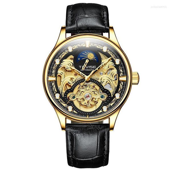 Eingetroffen Herren Carving Skeleton Moonphases Automatische mechanische Armbanduhren Tourbillion Uhr Geschenkbox Kostenloses Schiff