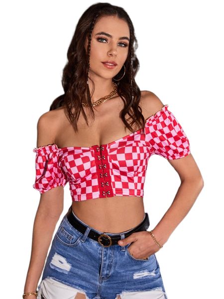 

checker print off shoulder hook and eye placket crop b1wo#, White