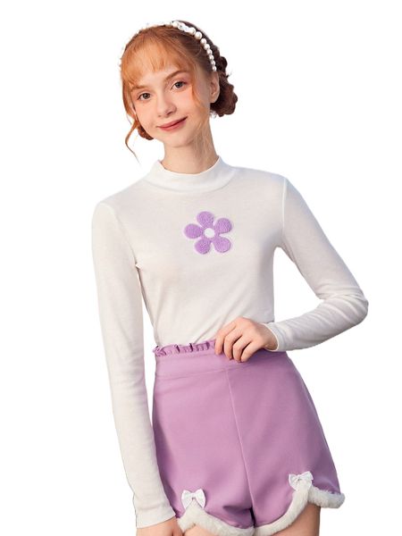 

teen girls floral pattern mock neck tee & fuzzy trim shorts set 22zq#, Black;white