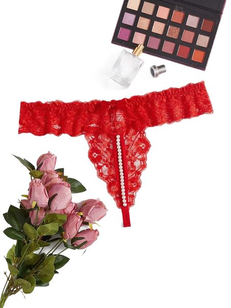 

plus floral lace bow pearl detail thong v2xt#, Black;white