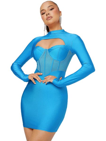 

mock neck cutout front sheer mesh insert dress f4um#, Black;gray