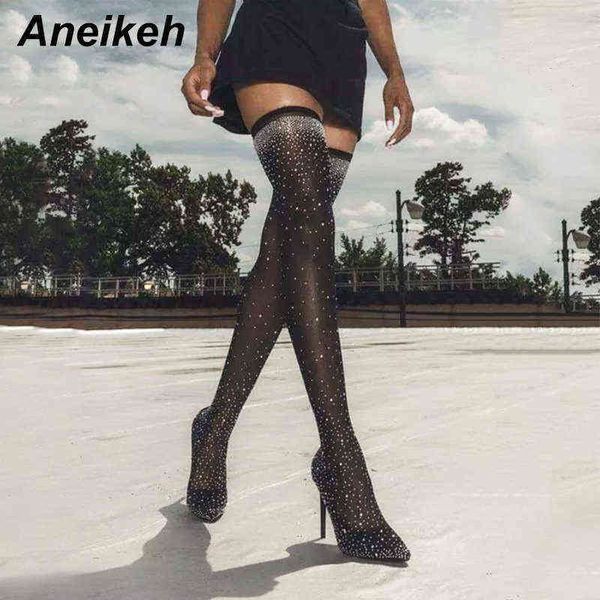 Aneikeh Sexy Bling Striptease Tights Sapatos femmes deusa Saltos magros Botas altas para mulher sobre joelho botins Mujer Dance 220421