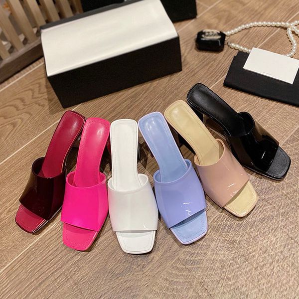 

slippers ladies designer classic low heel 4.5cm patent leather upper genuine outsole beach shoes women flip flop rubber mules luxury loafers, Black