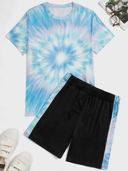 

men tie dye tee & contrast side seam drawstring waist track shorts z7ab#, Gray