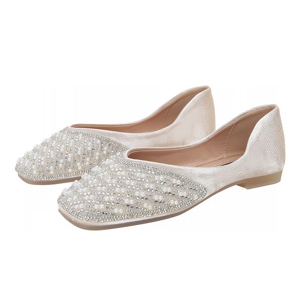 

new square toe soft leather women's shoes autumn new flat rhinestone slip-on peas shoes, Black