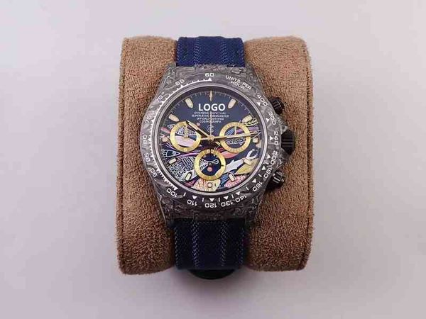 

watches 40mm 904 steel chronograph movement carbon fiber case watch, Slivery;black