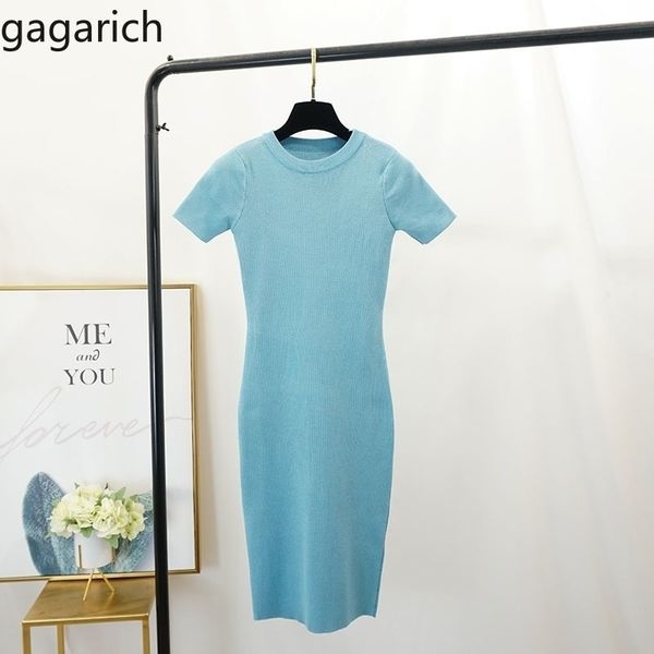 

gagarich women spring summer medium long knitted crunch short sleeved pure color bottom oneck slim dress y200805, Black;pink