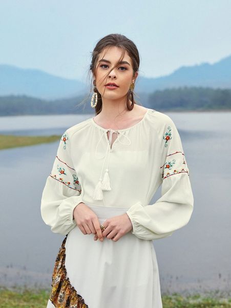 

tie front fringe detail floral embroidery bishop sleeve z8pt#, White