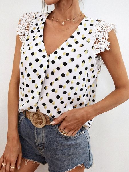 

golden polka dot contrast guipure lace blouse q043#, White