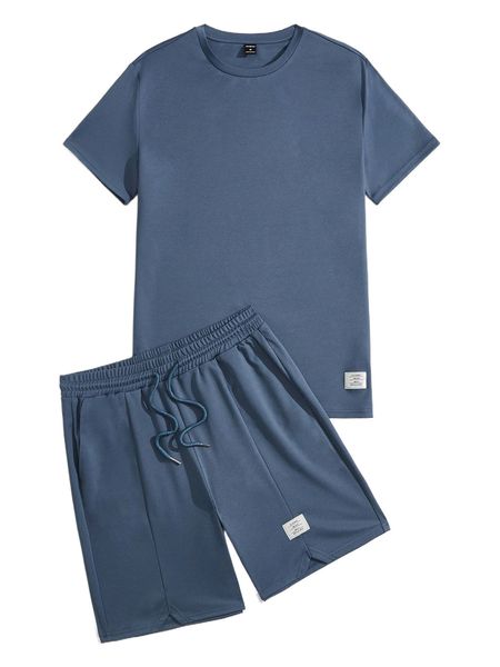 

men patch detail tee & drawstring waist shorts g5x3#, Gray