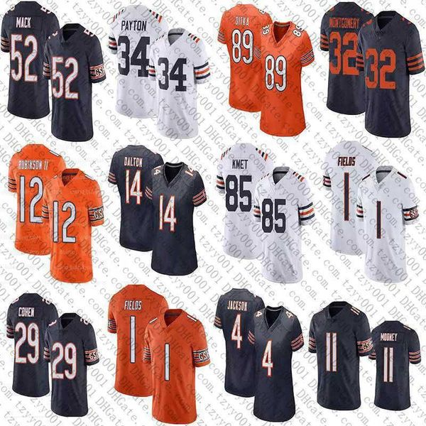 

1 justin fields 34 walter payton 32 david montgomery football jersey 11 darnell mooney 58 roquan smith 4 eddie jackson brian urlacher cole, Black