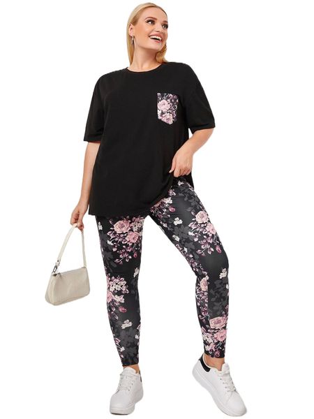 

plus pocket patched tee with floral leggings 05v2#, Black
