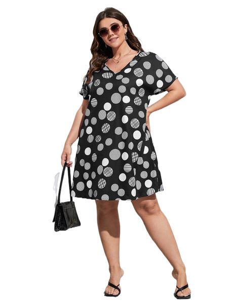 

plus polka dot print batwing sleeve dress j5jt#, Black