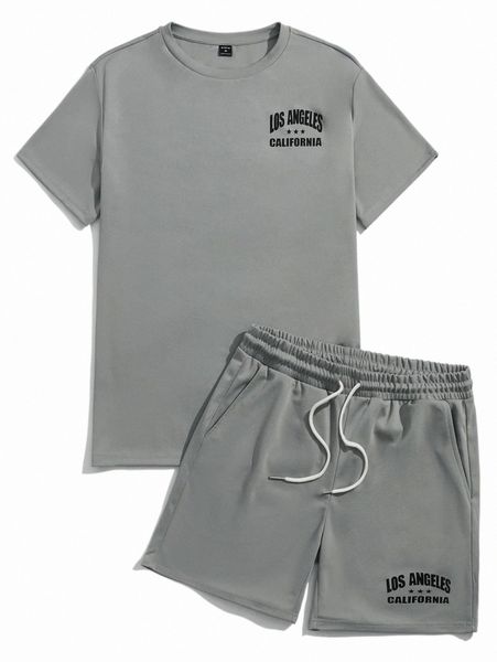 

men letter graphic tee & drawstring waist shorts k3pi#, Gray