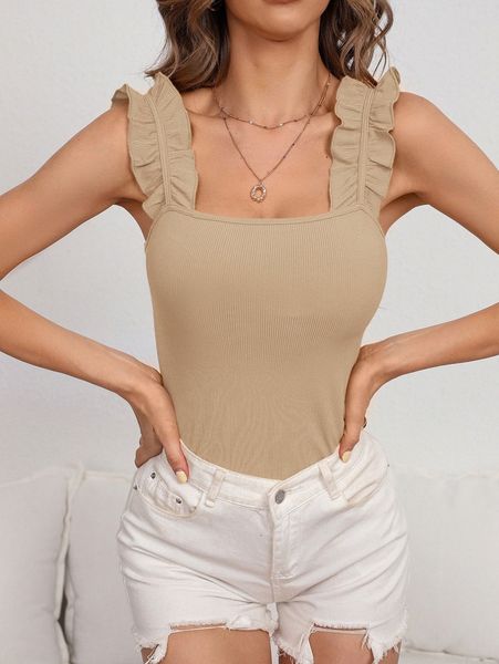 

ribbed knit ruffle trim cami q2eq#, White