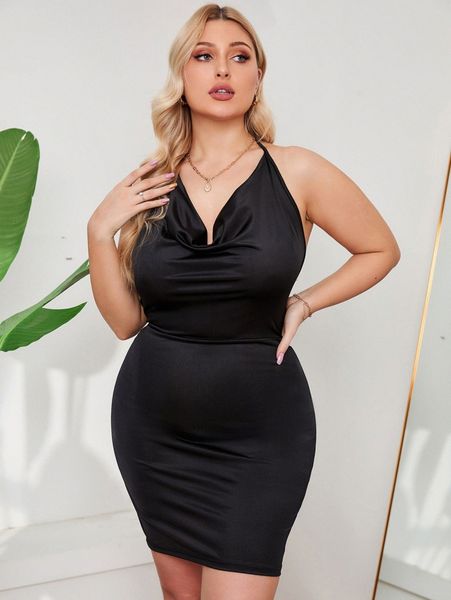 

plus cowl neck tie backless halter bodycon dress b5hm#, Black