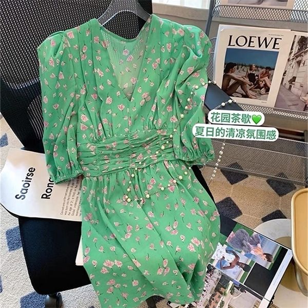 

boho mini dress women floral print summer chic holiday beach dress female short puff sleeve loose sundress green vestidos ladies 220701, Black