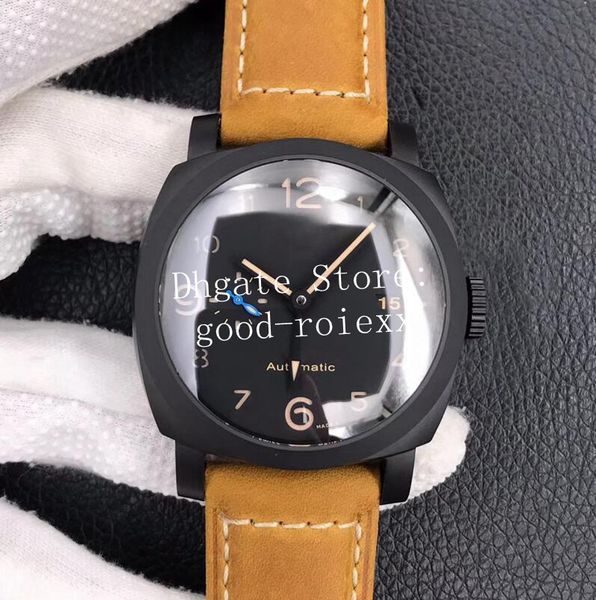 

44mm watches men leather watch black ceramic men's automatic p.9010 movement 1441 officine vs sport power reserve vsf factory sapphire, Slivery;brown