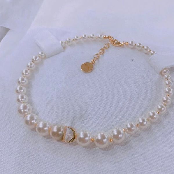 

brand luxury pearl d letters pendant necklace bracelet wedding jewelry prevent allergy gold beads bracelets necklaces box packing, Golden;silver