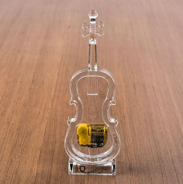 Mechanical Wind-up Violin Music Box Transparent Acrylic Party Favor Mini Figurines Home Ornament Decoration Christmas Birthday Gift Castle in the Sky