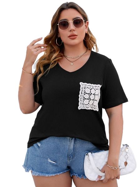 

plus contrast guipure lace tee l4dm#, Black