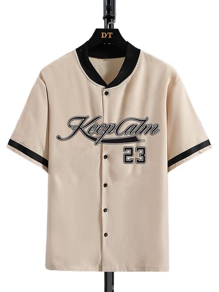 

men letter graphic baseball collar contrast tape shirt p45d#, White;black