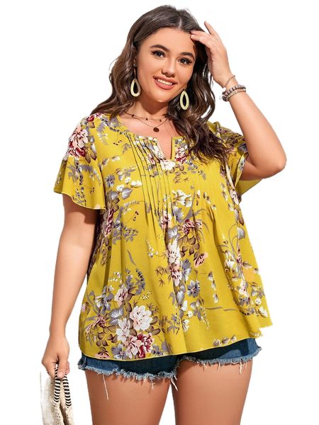 

plus floral print fold pleated notched neck blouse l87o#, Black