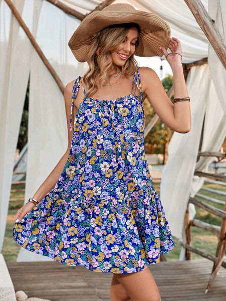 

floral print tie shoulder ruffle hem cami dress s00i#, Black;gray