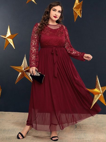 

plus contrast lace pleated belted dress o4i5#, Black