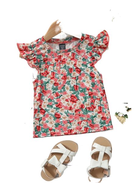 

plus allover floral print ruffle trim blouse k9kl#, Black