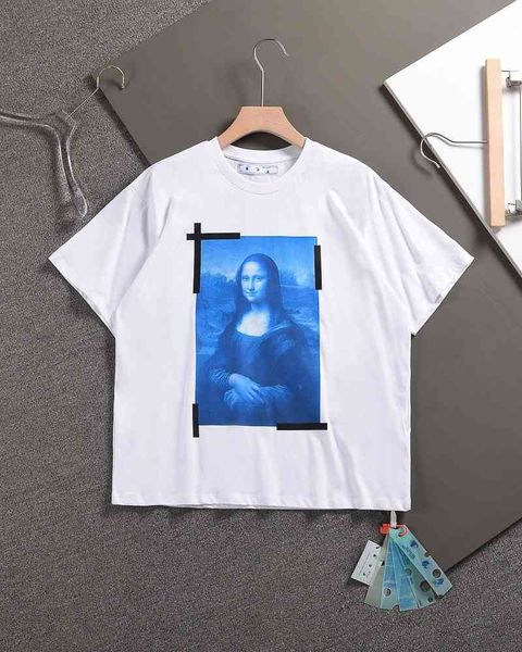 

off fashion brand white couple t-shirt ow mona lisa round neck os version short sleeve tee bottomed shirt38lv, White;black