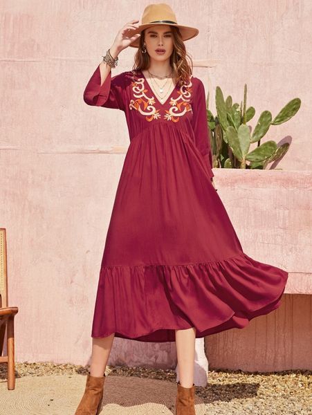 

rusttydustty plants embroidery ruffle hem dress j9br#, Black;gray